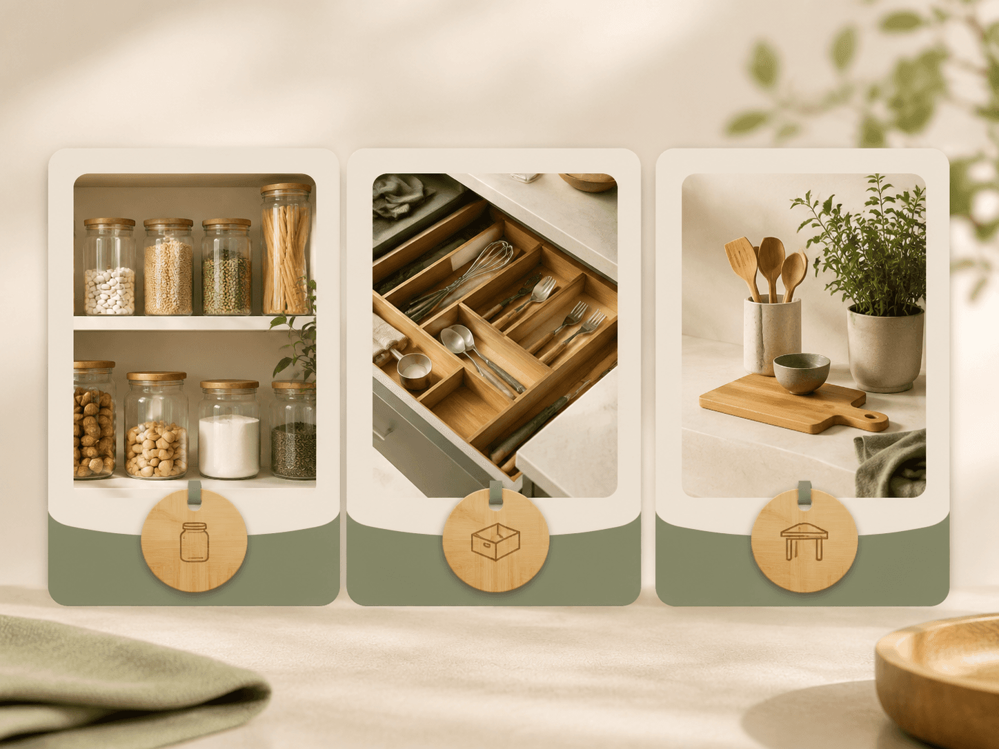 Three labelled bamboo tags representing pantry, drawer and worktop zones