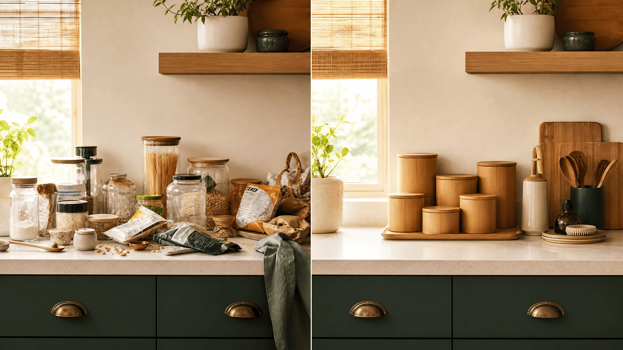 A kitchen countertop shown cluttered on the left and calmly organised with matching bamboo storage on the right