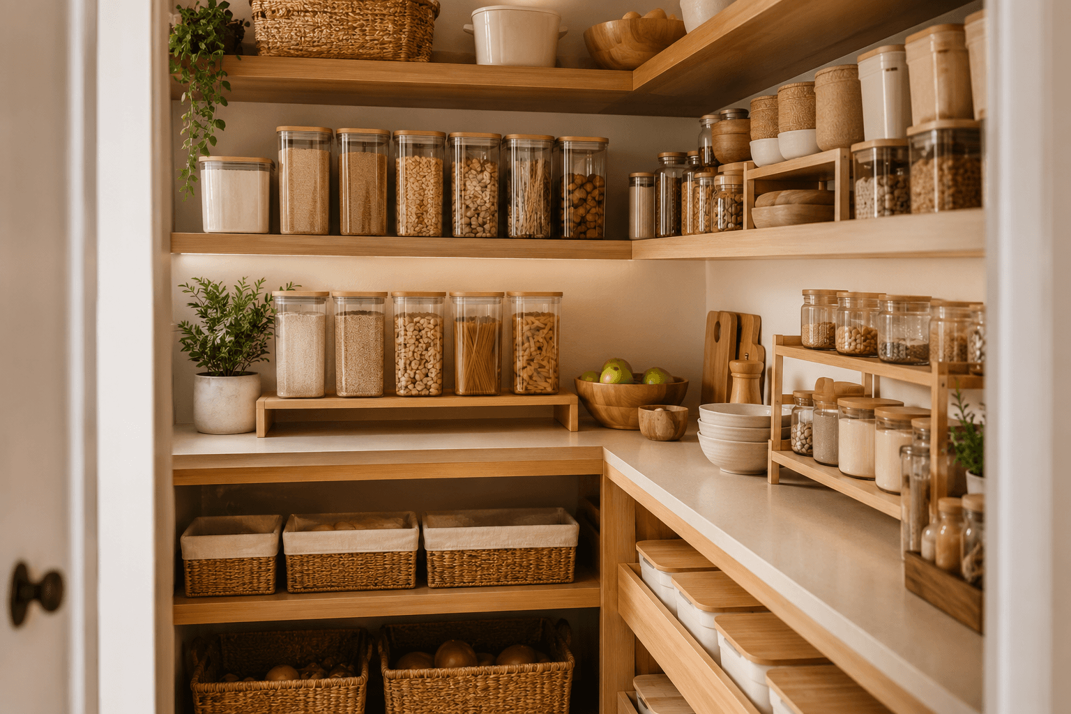 A fully organised pantry cupboard with matching canisters